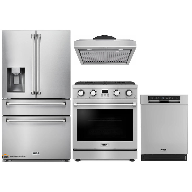 Thor Kitchen A-Series 4-Piece Appliance Package - 30-Inch Gas Range, Under Cabinet Range Hood, Refrigerator with Water Dispenser, and Dishwasher in Stainless Steel