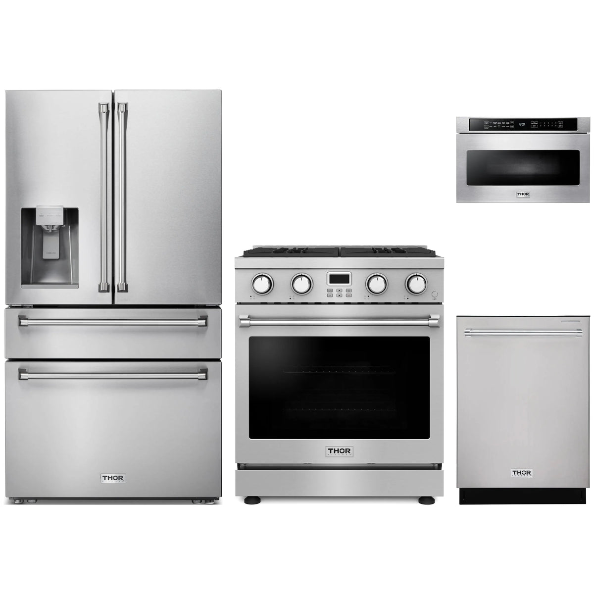 Stainless steel appliance package with range oven, refrigerator, dishwasher, and built-in microwave