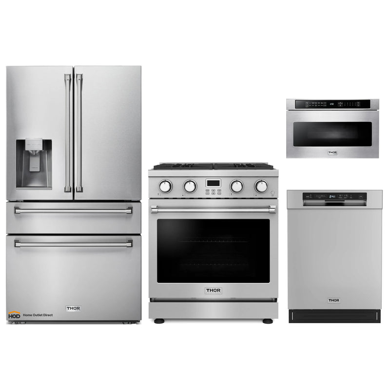 Thor Kitchen A-Series 4-Piece Appliance Package - 30-Inch Gas Range, Refrigerator with Water Dispenser, Dishwasher, and Microwave Drawer in Stainless Steel