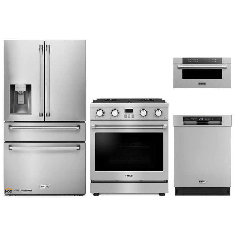 Thor Kitchen A-Series 4-Piece Appliance Package - 30-Inch Gas Range, Refrigerator with Water Dispenser, Dishwasher, Microwave Drawer in Stainless Steel