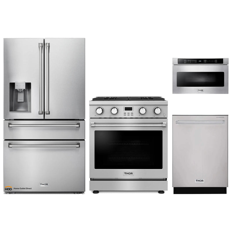 Thor Kitchen A-Series 4-Piece Appliance Package - 30-Inch Gas Range, Refrigerator with Water Dispenser, Dishwasher, and Microwave in Stainless Steel