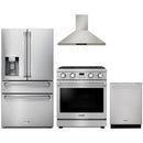 Thor Kitchen A-Series 4-Piece Appliance Package - 30-Inch Propane Gas Range, Wall Mounted Range Hood, Refrigerator with Water Dispenser, and Dishwasher in Stainless Steel