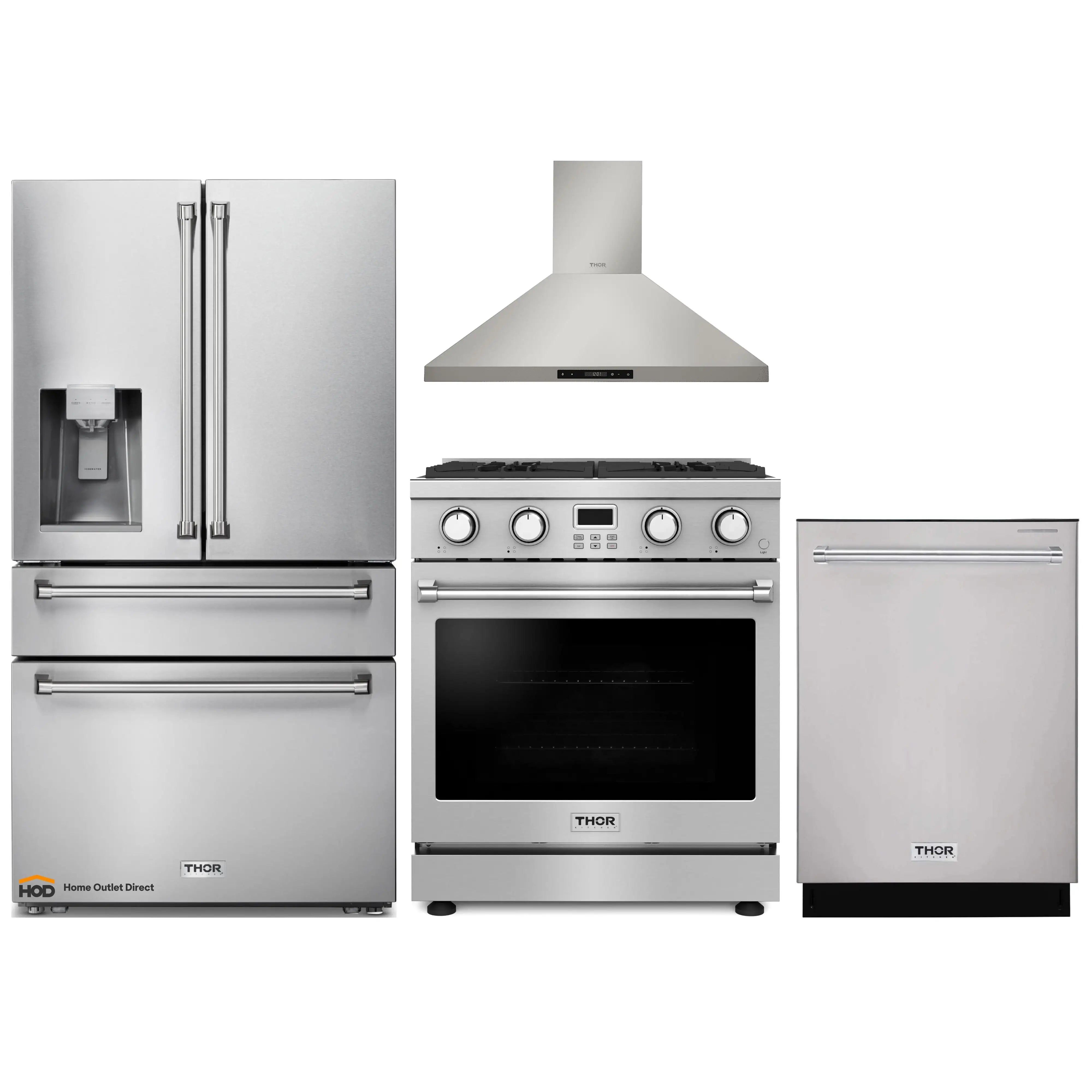 Thor Kitchen A-Series 4-Piece Appliance Package - 30-Inch Gas Range, Wall Mounted Range Hood, Refrigerator with Water Dispenser, and Dishwasher in Stainless Steel