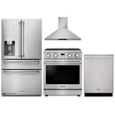 Thor Kitchen A-Series 4-Piece Appliance Package - 30-Inch Propane Gas Range, Wall Mounted Range Hood, Refrigerator with Water Dispenser, and Dishwasher in Stainless Steel