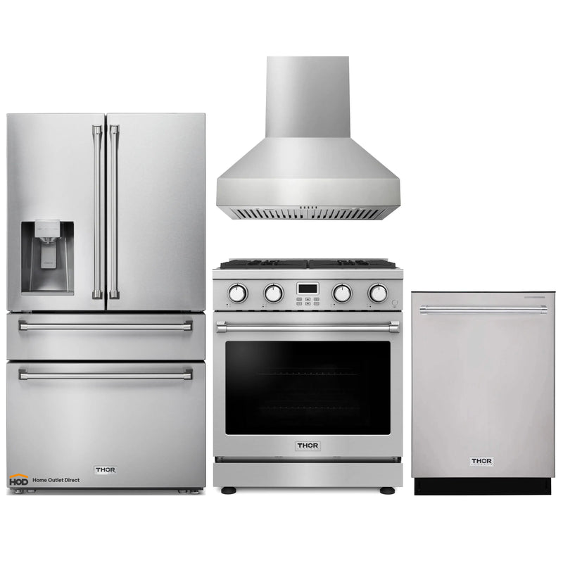 Thor Kitchen 4-Piece Appliance Package - 30-Inch Gas Range, Pro-Style Wall Mounted Range Hood, Refrigerator with Water Dispenser, and Dishwasher in Stainless Steel