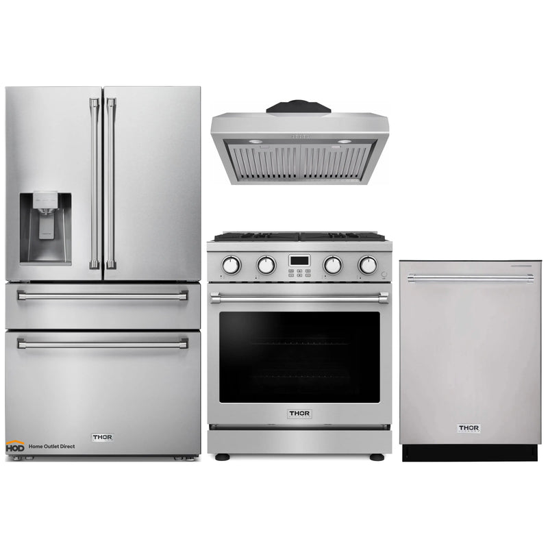 Thor Kitchen A-Series 4-Piece Appliance Package - 30-Inch Gas Range, Under Cabinet Range Hood, Refrigerator with Water Dispenser, and Dishwasher in Stainless Steel