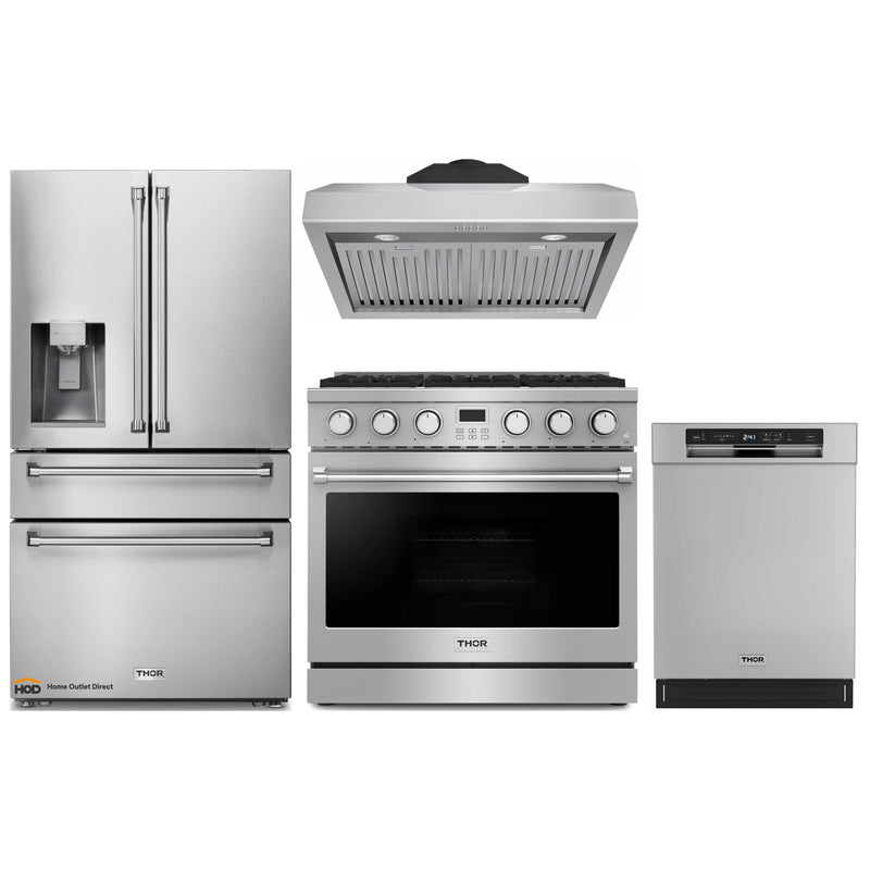 Thor Kitchen A-Series 4-Piece Appliance Package - 36-Inch Gas Range, Under Cabinet Range Hood, Refrigerator with Water Dispenser, and Dishwasher in Stainless Steel