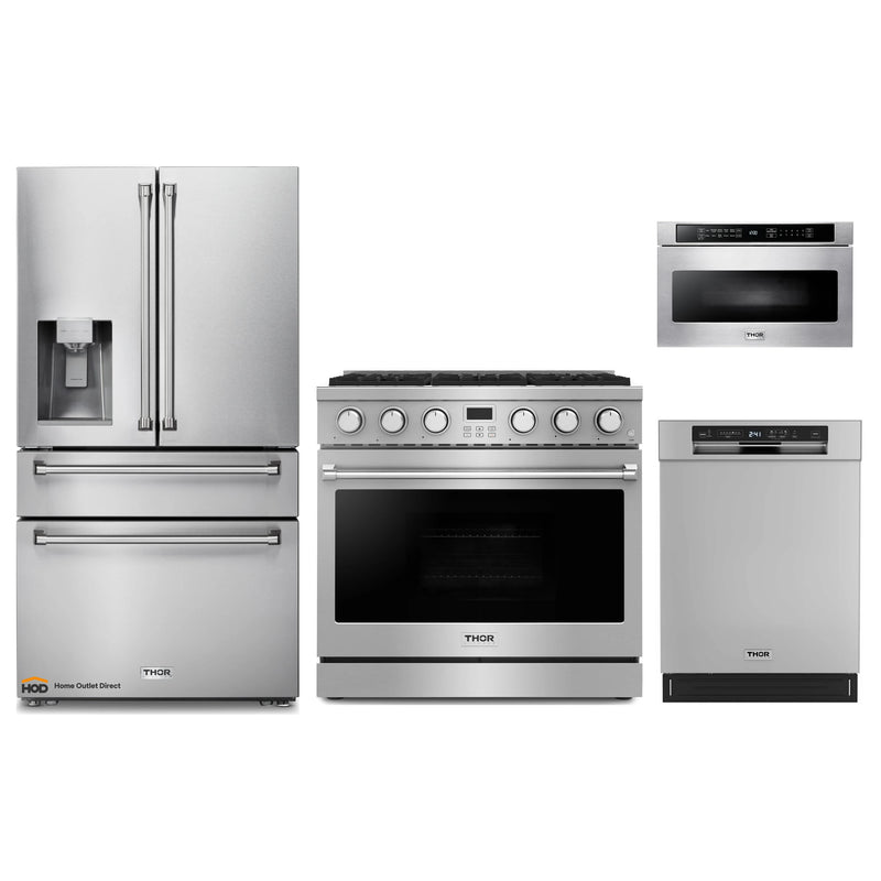 Thor Kitchen A-Series 4-Piece Appliance Package - 36-Inch Gas Range, Refrigerator with Water Dispenser, Dishwasher, and Microwave in Stainless Steel