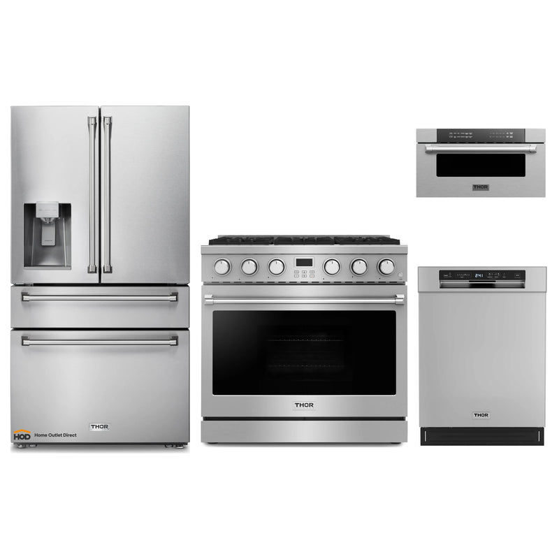 Thor Kitchen A-Series 4-Piece Appliance Package - 36-Inch Gas Range, Refrigerator with Water Dispenser, Dishwasher and Microwave Drawer in Stainless Steel