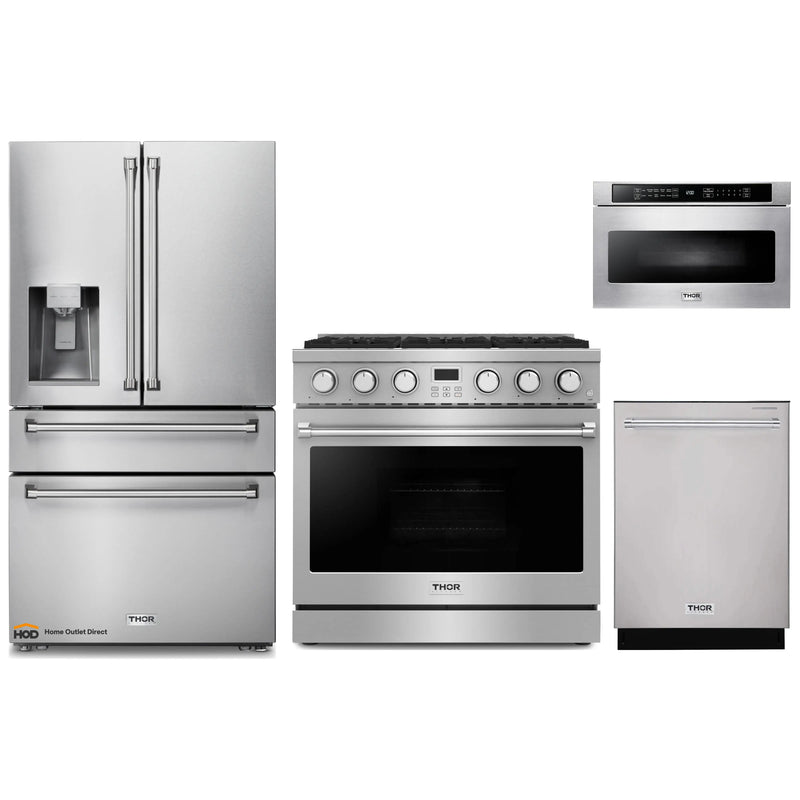 Thor Kitchen A-Series 4-Piece Appliance Package - 36-Inch Gas Range, Refrigerator with Water Dispenser, Dishwasher, and Microwave in Stainless Steel