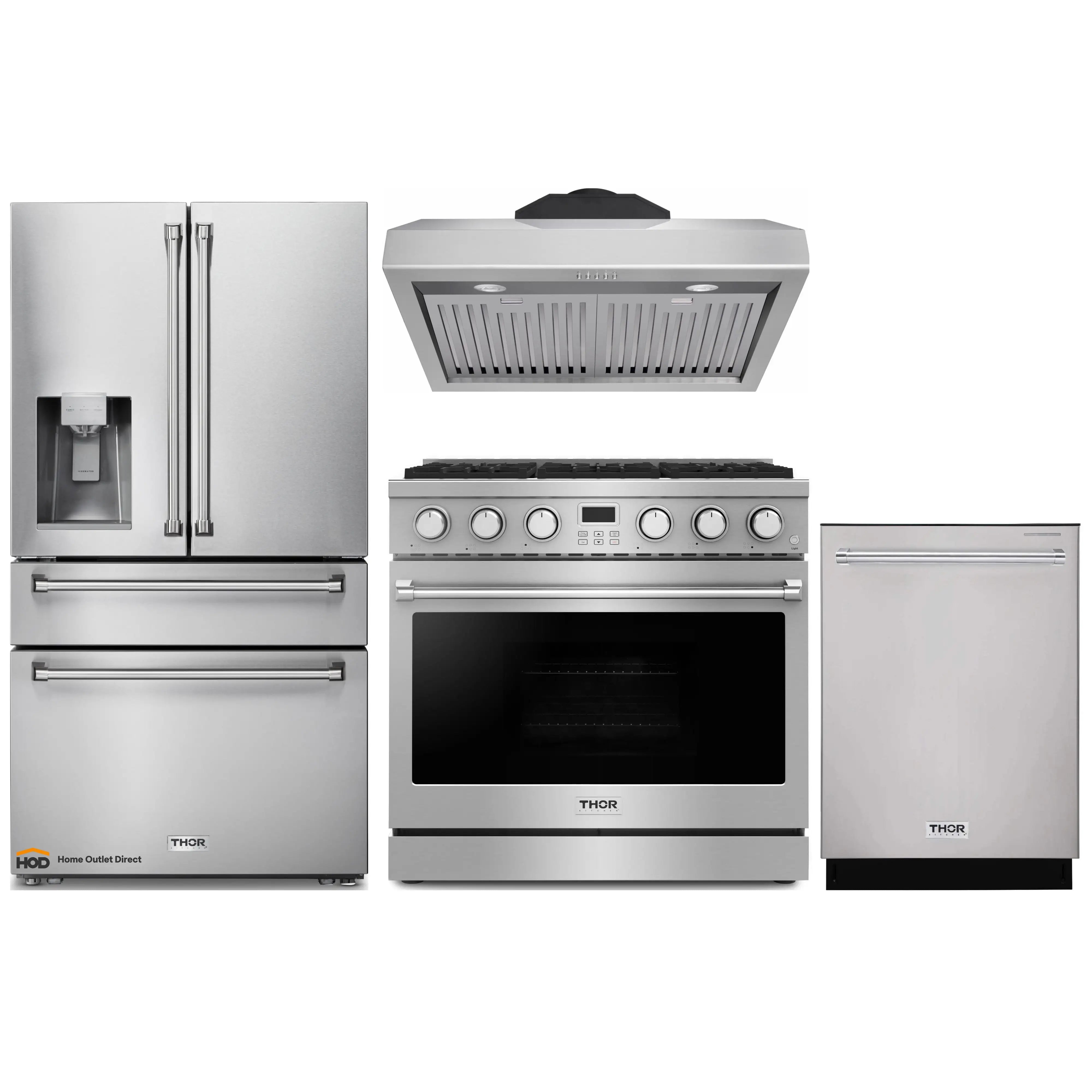 Thor Kitchen A-Series 4-Piece Appliance Package - 36-Inch Gas Range, Under Cabinet Range Hood, Refrigerator with Water Dispenser, and Dishwasher in Stainless Steel