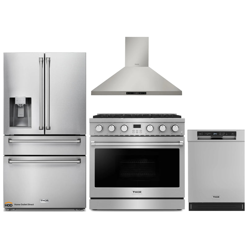 Thor Kitchen A-Series 4-Piece Appliance Package - 36-Inch Gas Range, Wall Mount Range Hood, Refrigerator with Water Dispenser, and Dishwasher in Stainless Steel