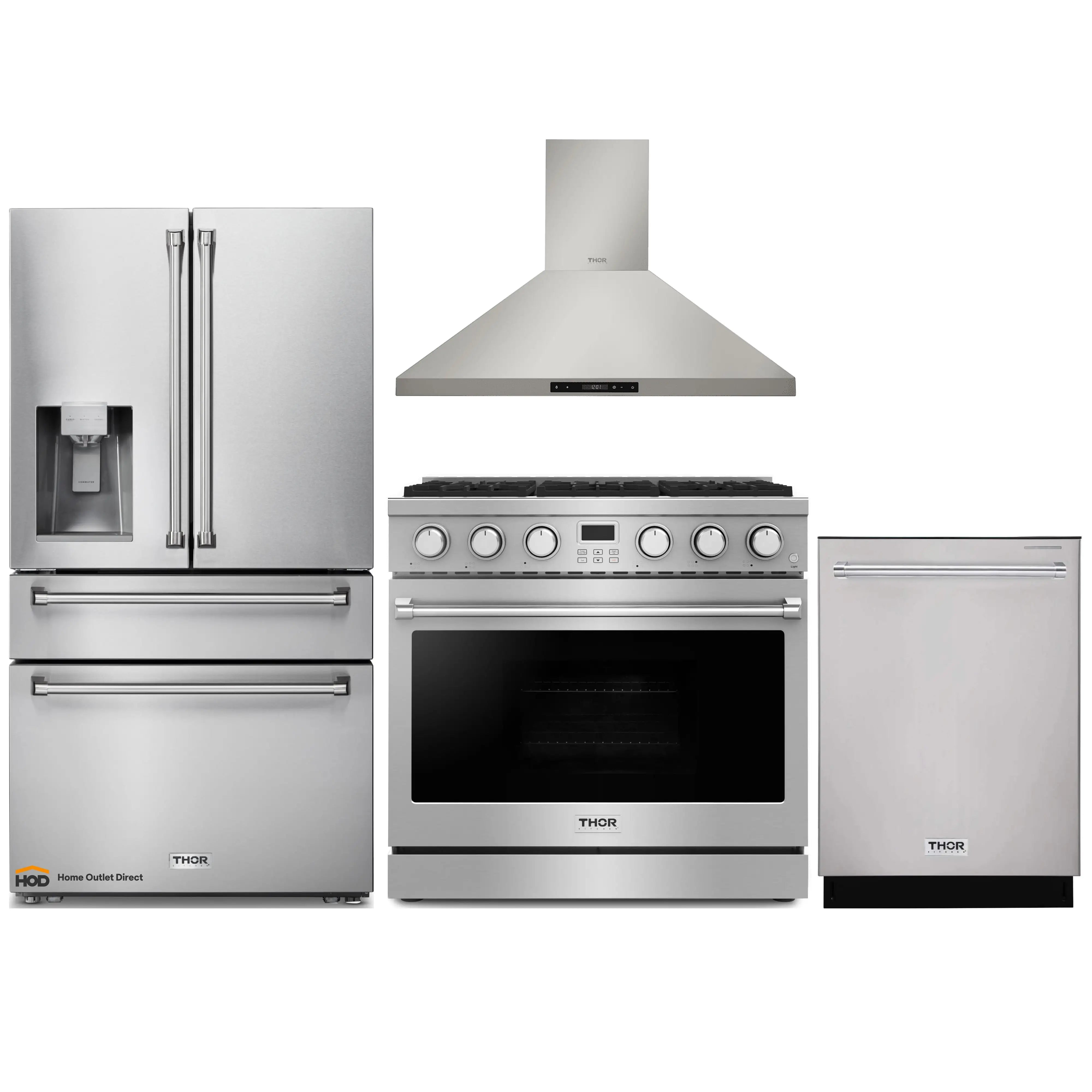 Thor Kitchen A-Series 4-Piece Appliance Package - 36-Inch Gas Range, Wall Mount Range Hood, Refrigerator with Water Dispenser, and Dishwasher in Stainless Steel