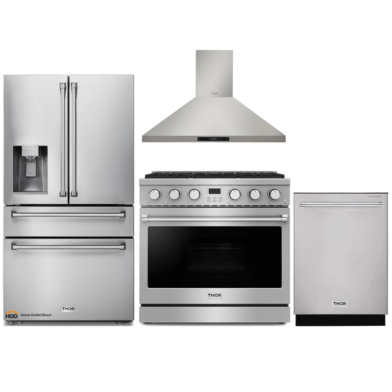 Thor Kitchen A-Series 4-Piece Appliance Package - 36-Inch Gas Range, Wall Mount Range Hood, Refrigerator with Water Dispenser, and Dishwasher in Stainless Steel