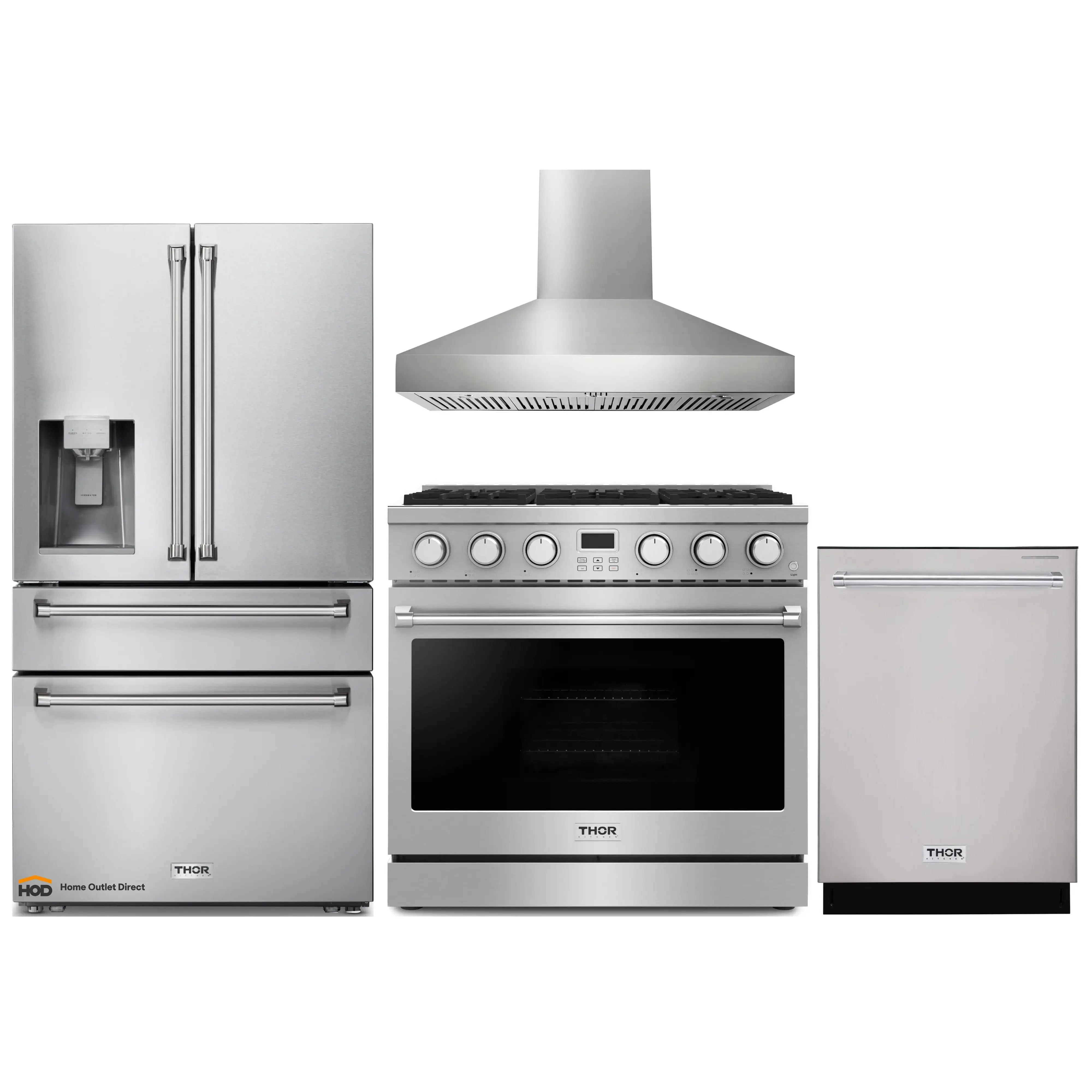 Thor Kitchen A-Series 4-Piece Appliance Package - 36-Inch Gas Range, Pro-Style Wall Mount Range Hood, Refrigerator with Water Dispenser, and Dishwasher in Stainless Steel