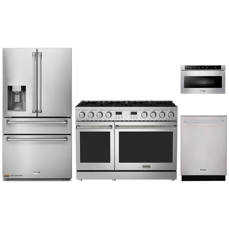 Thor Kitchen A-Series 4-Piece Appliance Package - 48-Inch Gas Range, Refrigerator with Water Dispenser, Dishwasher, and Microwave in Stainless Steel