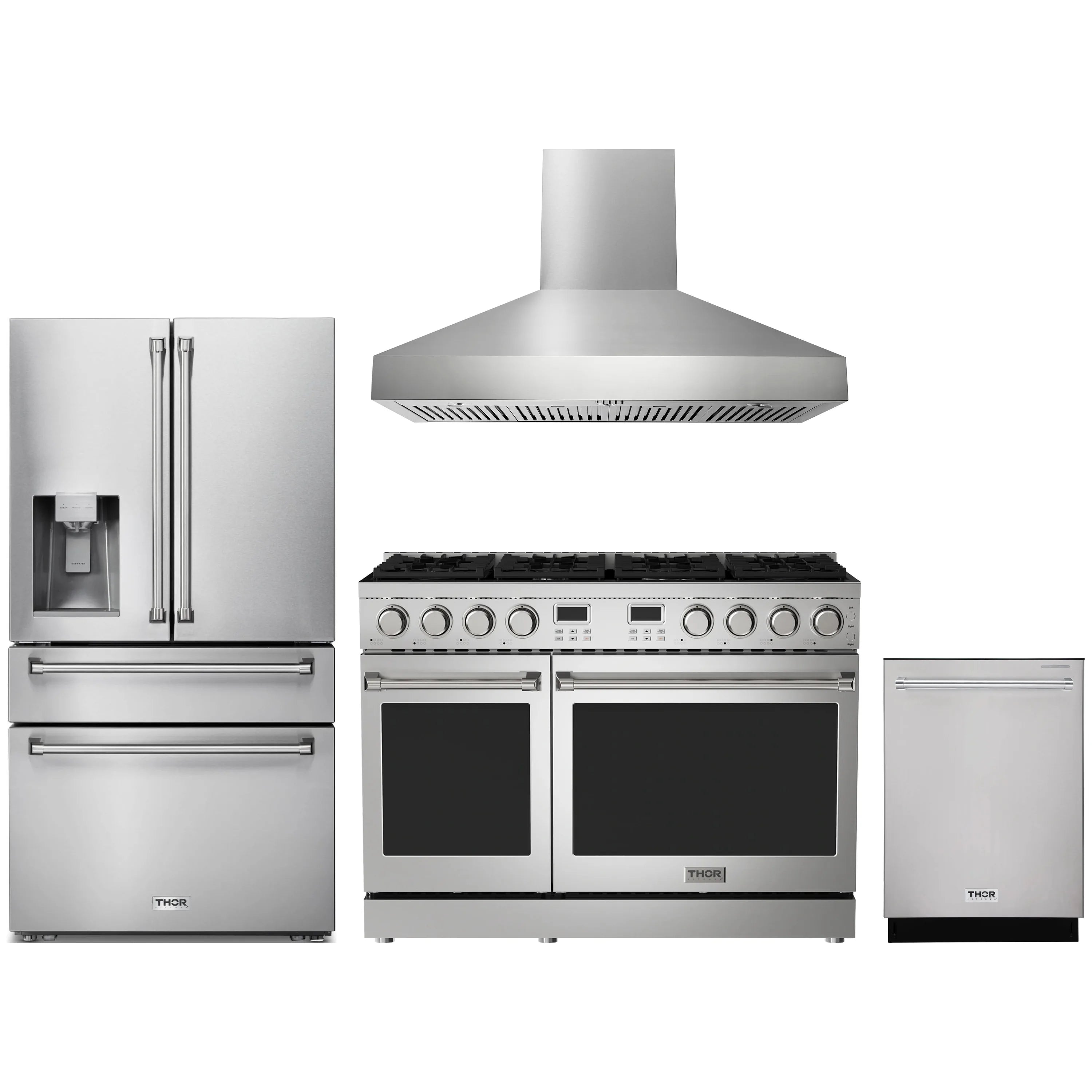 Stainless steel kitchen appliance package with range hood, gas range, refrigerator, dishwasher