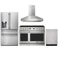 Thor Kitchen 4-Piece Appliance Package - 48-Inch Natural Gas Range, Refrigerator with Water Dispenser, Wall Mount Hood, & Dishwasher in Stainless Steel