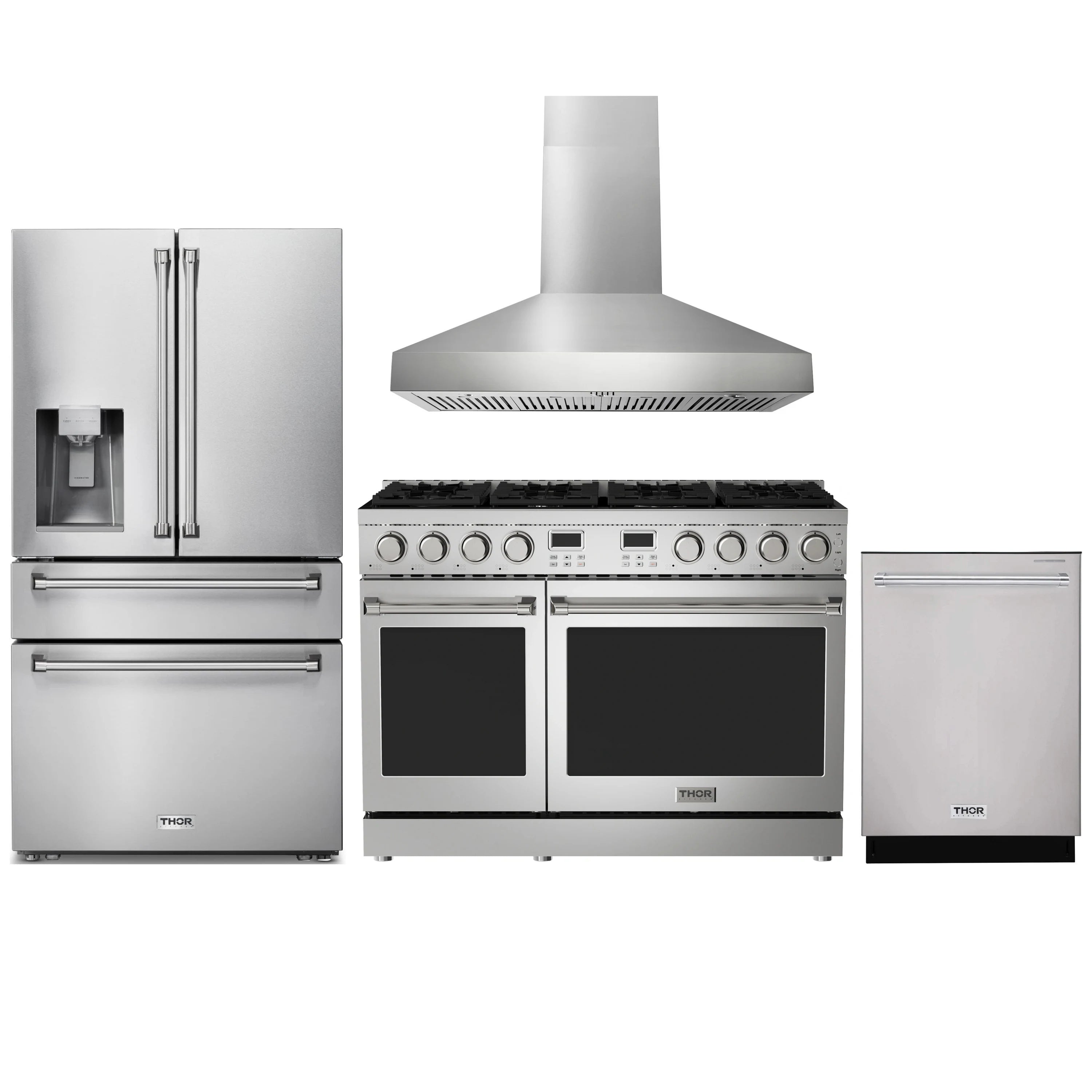 Stainless steel appliance package: gas range with hood, refrigerator with water dispenser, and dishwasher
