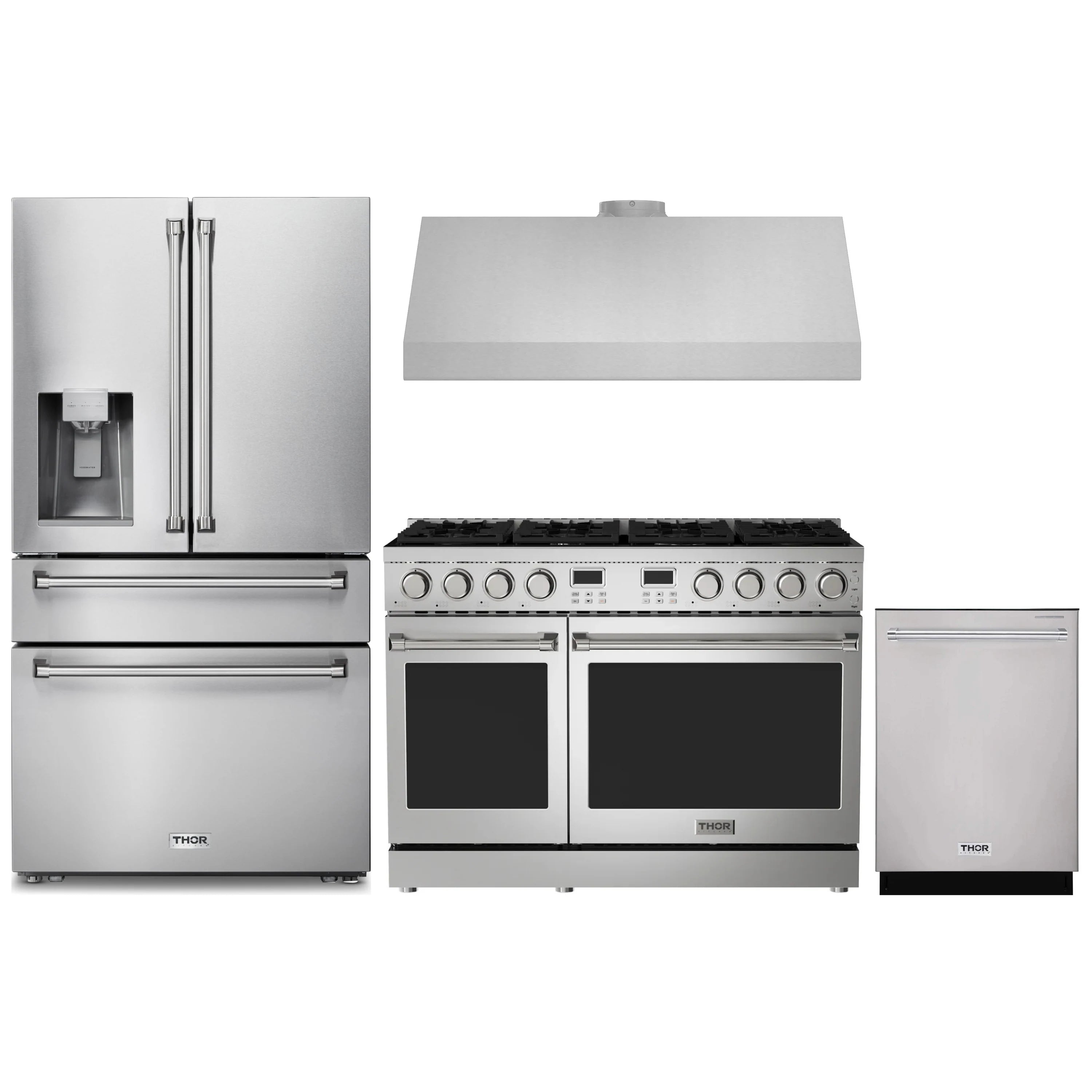 Stainless steel appliance set with refrigerator, gas range, dishwasher, and range hood