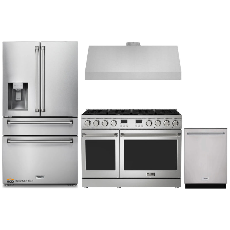 Thor Kitchen A-Series 4-Piece Appliance Package - 48-Inch Gas Range, Under Cabinet Range Hood, Refrigerator with Water Dispenser, and Dishwasher in Stainless Steel