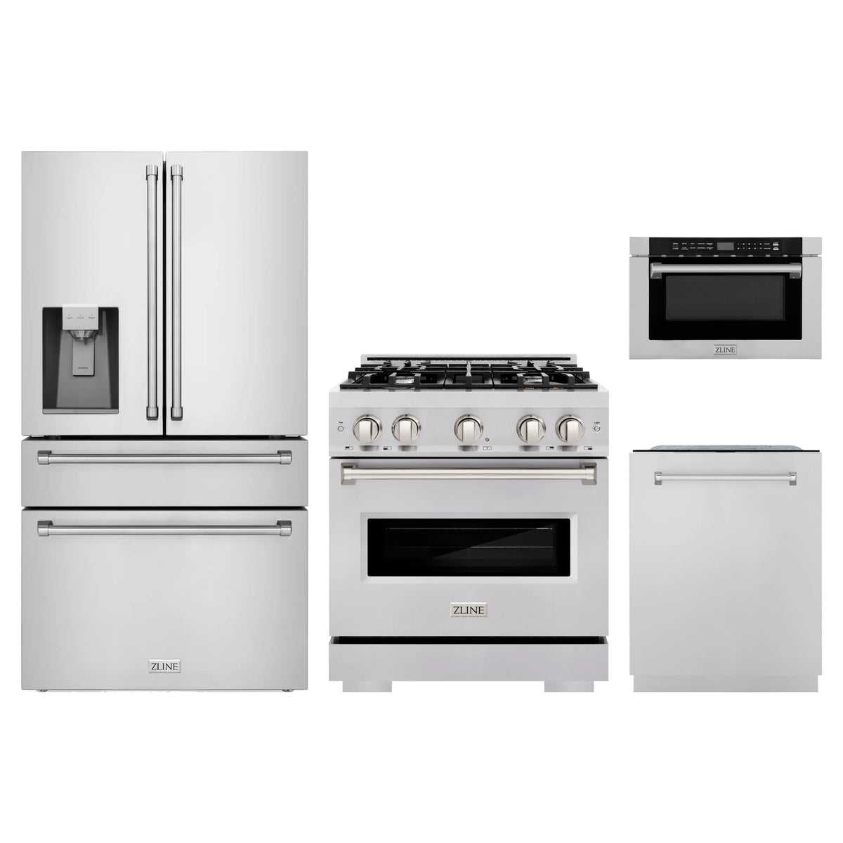 ZLINE 4-Piece Appliance Package - 30-Inch Classic Dual Fuel Range, Refrigerator with Water Dispenser, Dishwasher, and 24-Inch Microwave Drawer in Stainless Steel