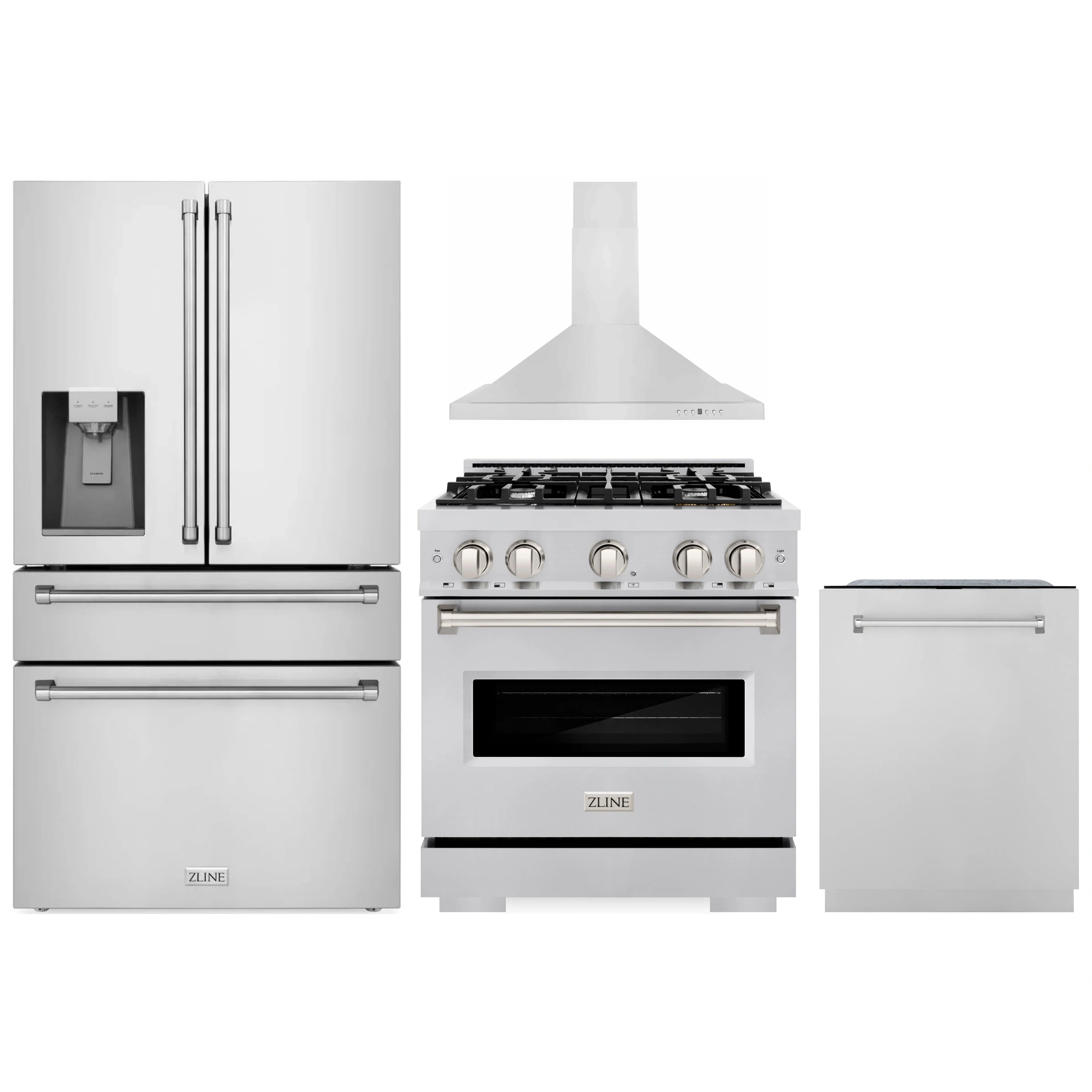Stainless kitchen appliance package: refrigerator, dual fuel range with hood, dishwasher