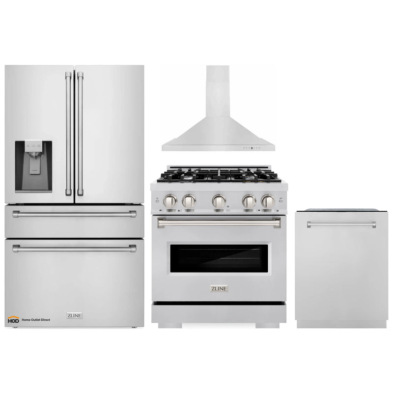 ZLINE 4-Piece Appliance Package - 30-Inch Dual Fuel Range, Hood, Refrigerator with Water Dispenser, and Dishwasher in Stainless Steel