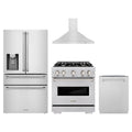 ZLINE 4-Piece Appliance Package - 30-Inch Dual Fuel Range, Hood, Refrigerator with Water Dispenser, and Dishwasher in Stainless Steel