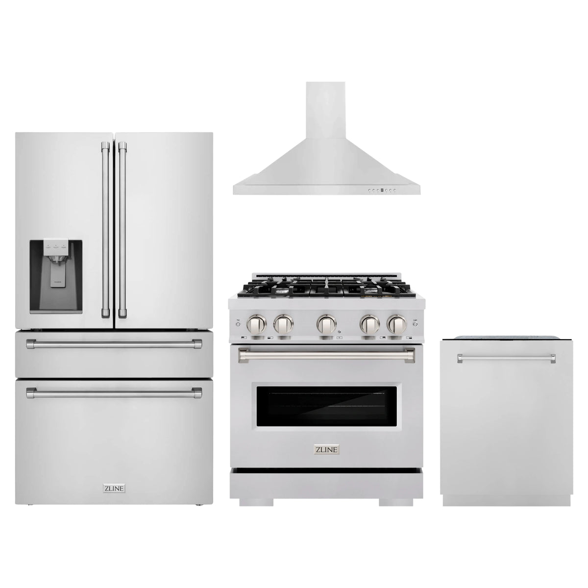 ZLINE 4-Piece Appliance Package - 30-Inch Dual Fuel Range, Hood, Refrigerator with Water Dispenser, and Dishwasher in Stainless Steel