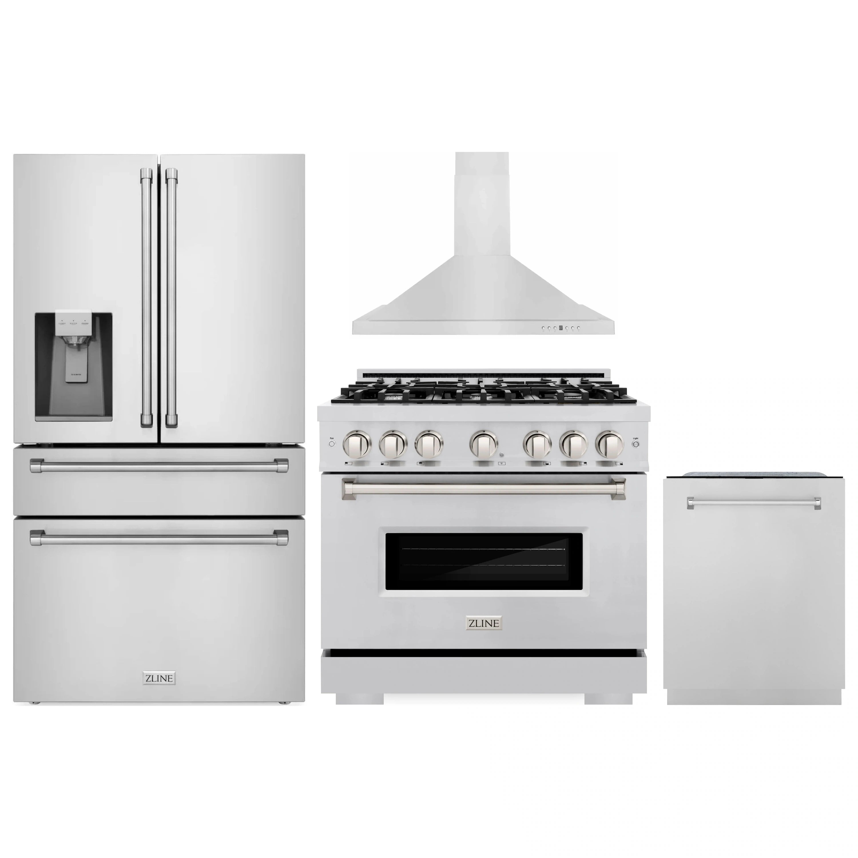Stainless steel appliance package: refrigerator, dual fuel range, hood, and dishwasher