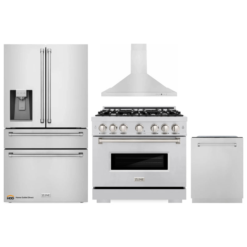 ZLINE 4-Piece Appliance Package - 36-Inch Dual Fuel Range, Hood, Refrigerator with Water Dispenser, and Dishwasher in Stainless Steel