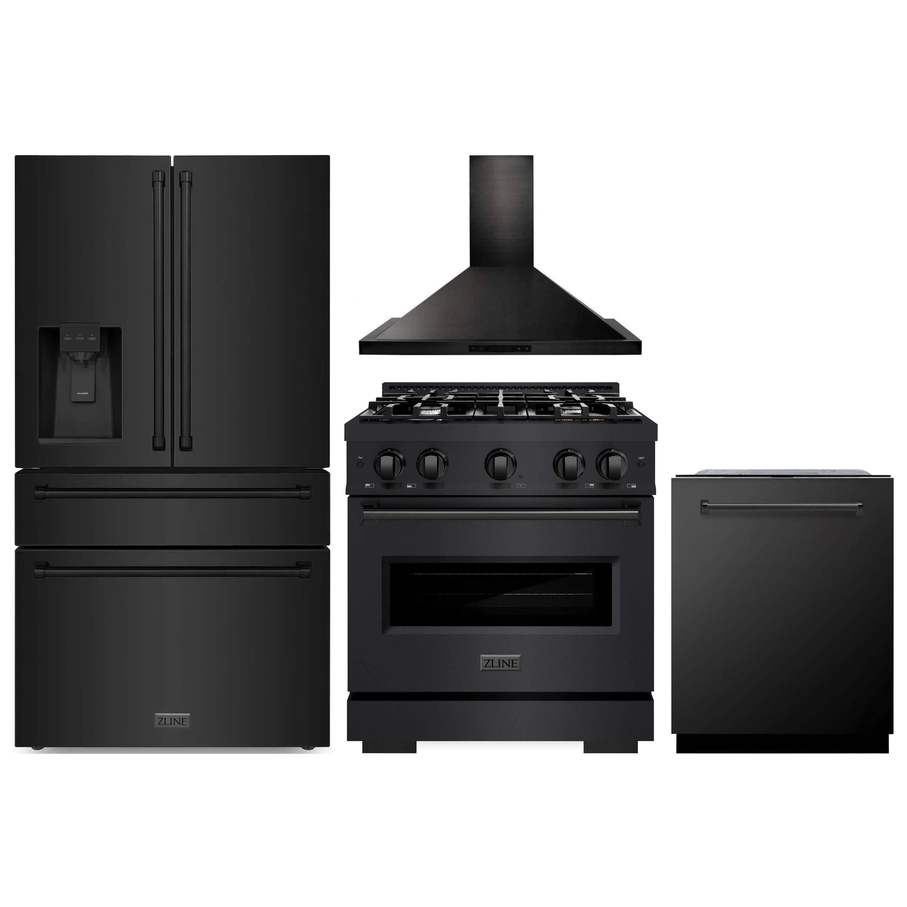 Stainless black appliance set with range, hood, refrigerator, and dishwasher