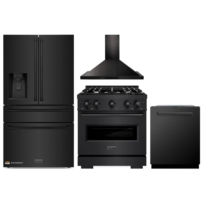 ZLINE 4-Piece Appliance Package - 30-Inch Dual Fuel Range, Hood, Refrigerator with Water Dispenser, and Dishwasher in Black Stainless Steel