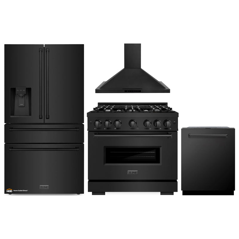 ZLINE 4-Piece Appliance Package - 36-Inch Dual Fuel Range, Hood, Refrigerator with Water Dispenser, and Dishwasher in Black Stainless Steel