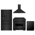 ZLINE 4-Piece Appliance Package - 36-Inch Dual Fuel Range, Hood, Refrigerator with Water Dispenser, and Dishwasher in Black Stainless Steel