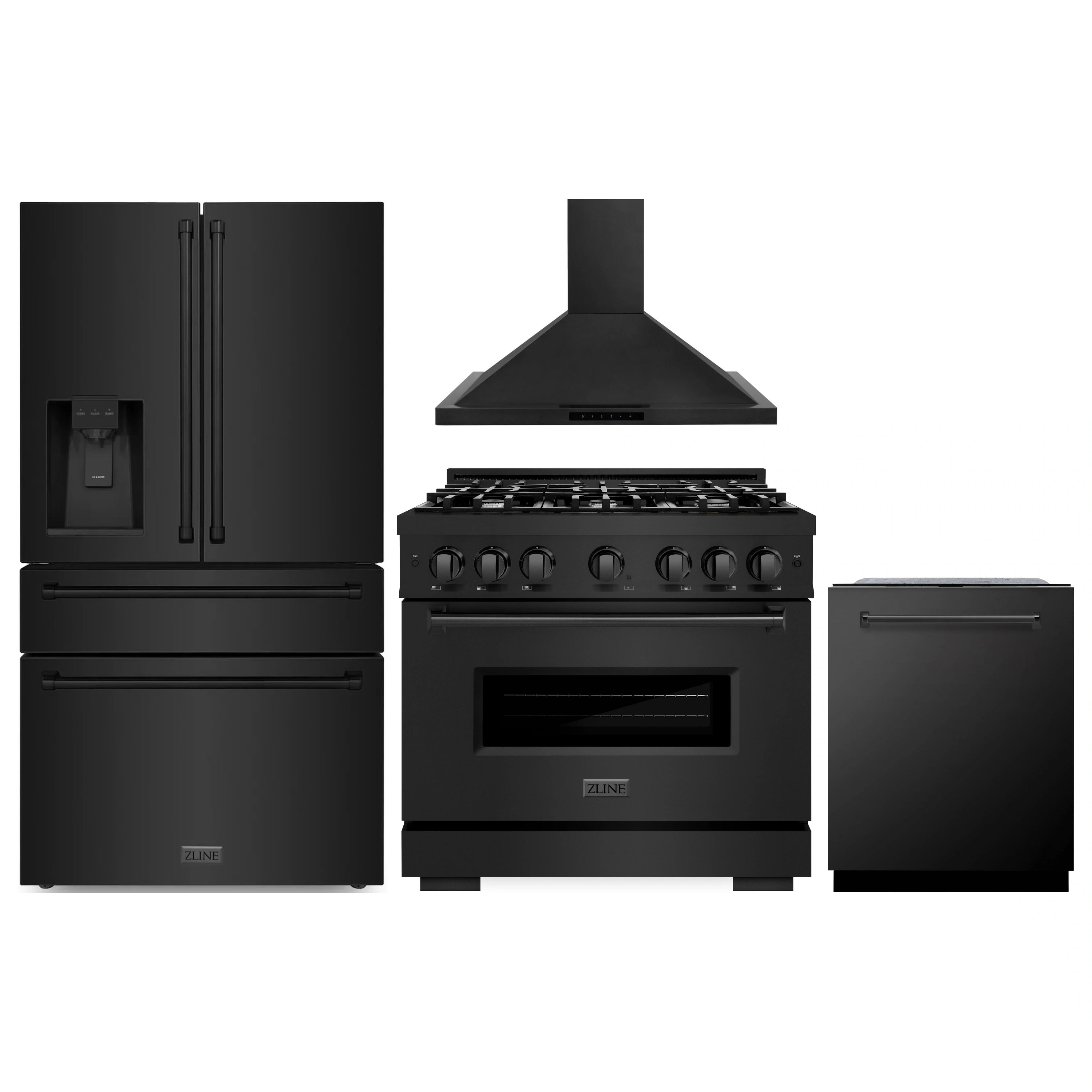 ZLINE black stainless appliance set with range, hood, refrigerator and dishwasher