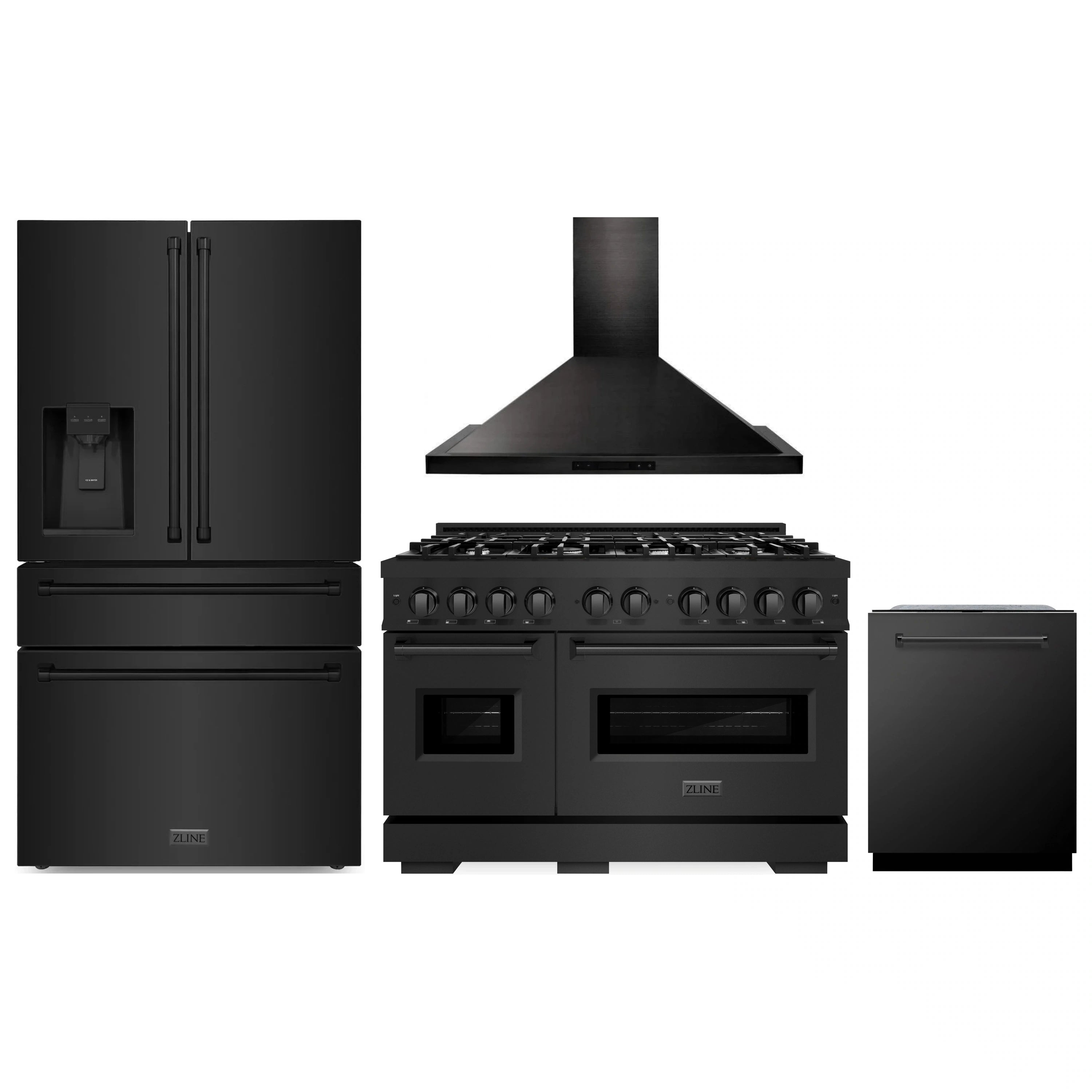Black stainless appliance set with range, hood, refrigerator, and dishwasher