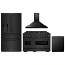 ZLINE 4-Piece Appliance Package - 48-Inch Dual Fuel Range, Hood, Refrigerator with Water Dispenser, and Dishwasher in Black Stainless Steel