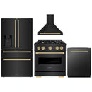 ZLINE 4-Piece Appliance Package - 30-Inch Dual Fuel Range, Hood, Refrigerator with Water Dispenser, and Dishwasher in Black Stainless Steel with Champagne Bronze Accents
