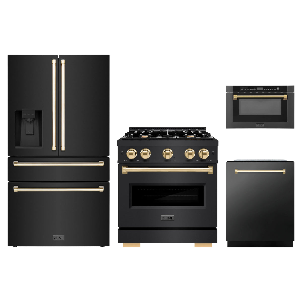 ZLINE 4-Piece Appliance Package - 30-Inch Classic Dual Fuel Range, Refrigerator with Water Dispenser, Dishwasher, and 24-Inch Microwave Drawer in Black Stainless Steel with Gold Accents