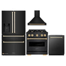 ZLINE 4-Piece Appliance Package - 30-Inch Dual Fuel Range, Hood, Refrigerator with Water Dispenser, and Dishwasher in Black Stainless Steel with Gold Accents