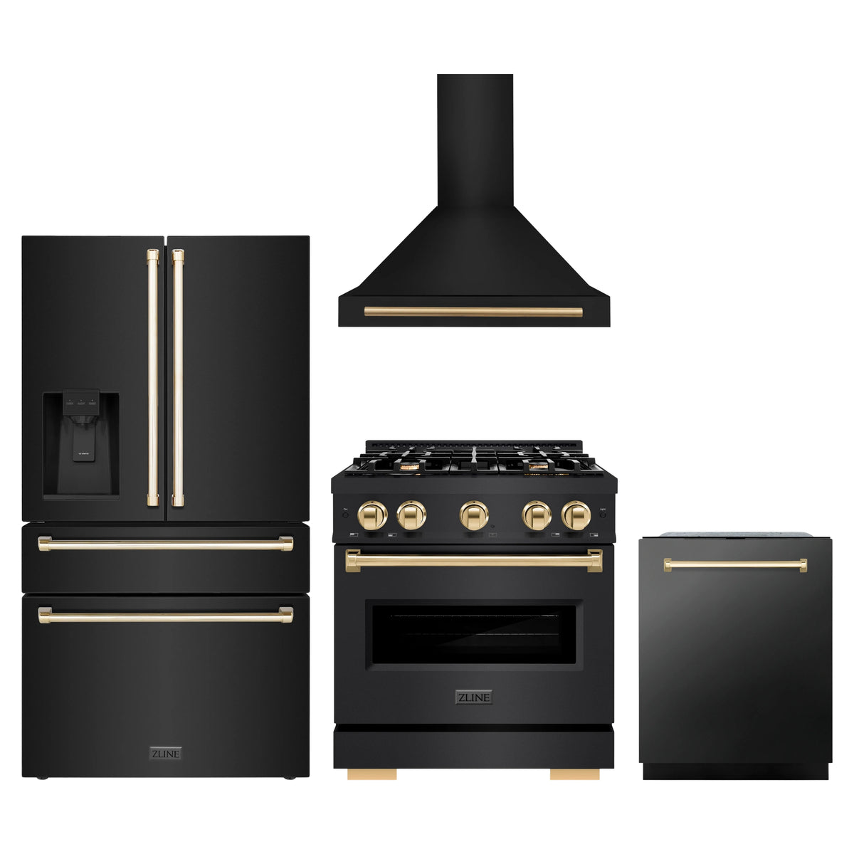 ZLINE 4-Piece Appliance Package - 30-Inch Dual Fuel Range, Hood, Refrigerator with Water Dispenser, and Dishwasher in Black Stainless Steel with Gold Accents