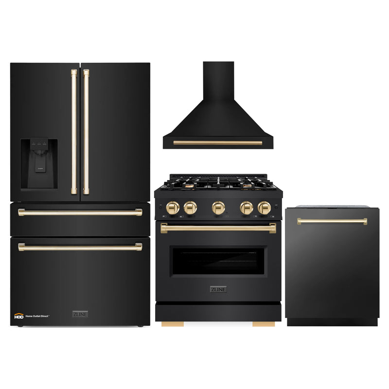 ZLINE 4-Piece Appliance Package - 30-Inch Dual Fuel Range, Hood, Refrigerator with Water Dispenser, and Dishwasher in Black Stainless Steel with Gold Accents