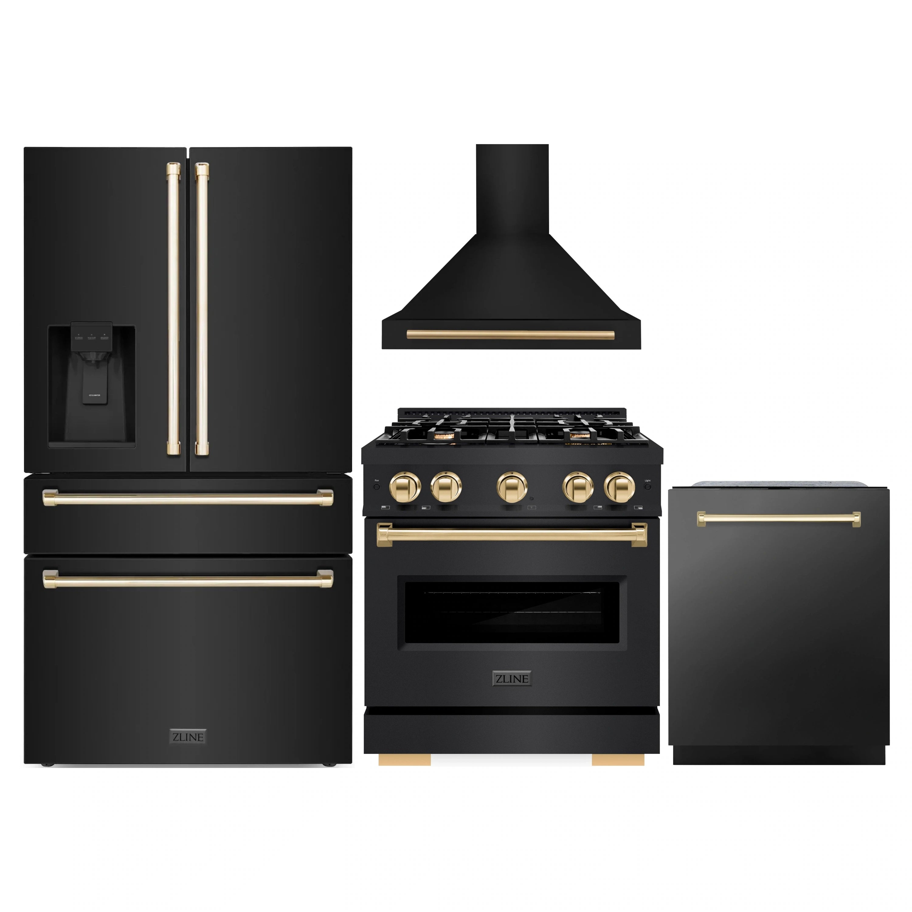 Black stainless appliance package with gold-accent range, hood, refrigerator, and dishwasher