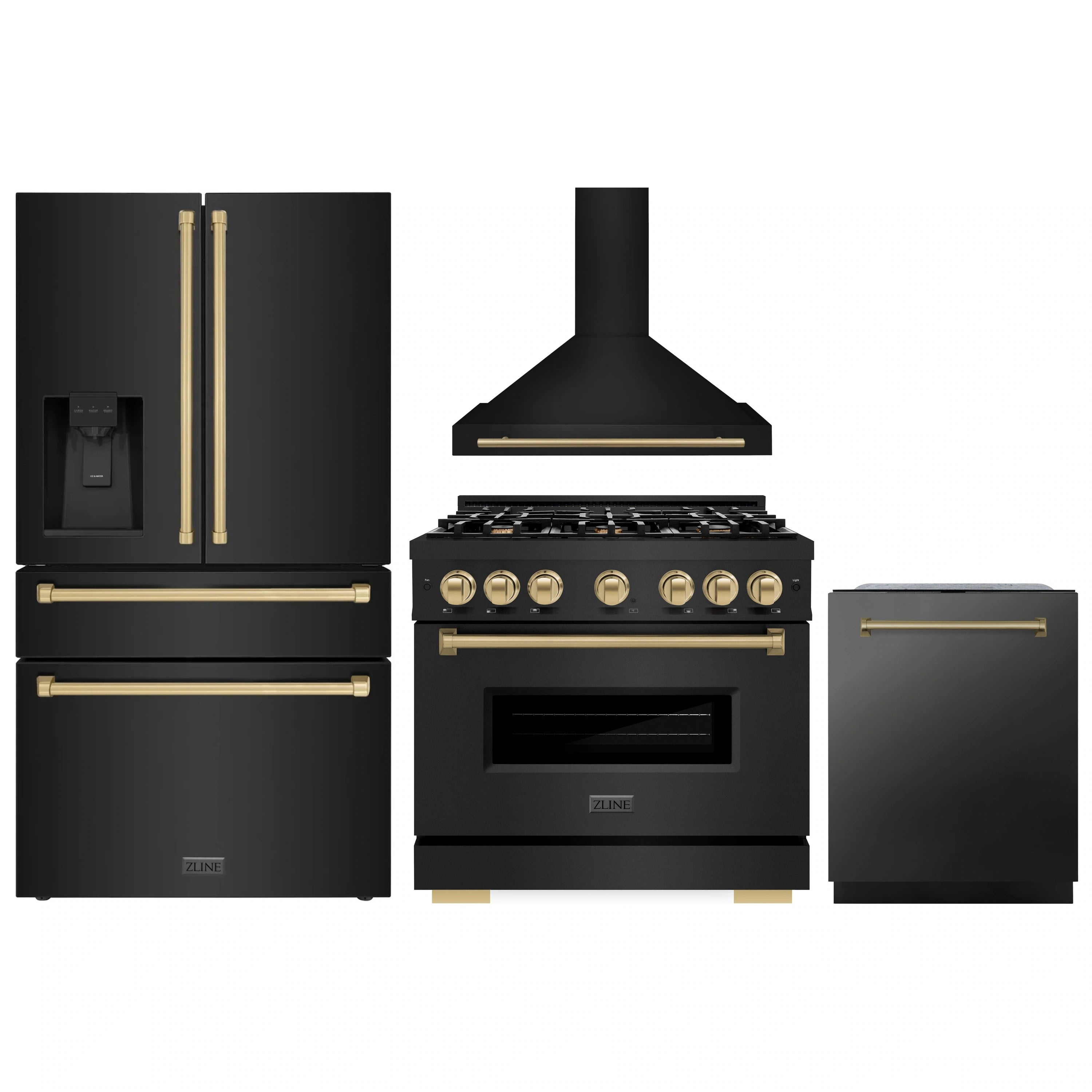 Four-piece appliance package in black stainless with range, hood, refrigerator, and dishwasher