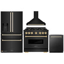 ZLINE 4-Piece Appliance Package - 36-Inch Dual Fuel Range, Hood, Refrigerator with Water Dispenser, and Dishwasher in Black Stainless Steel with Gold Accents