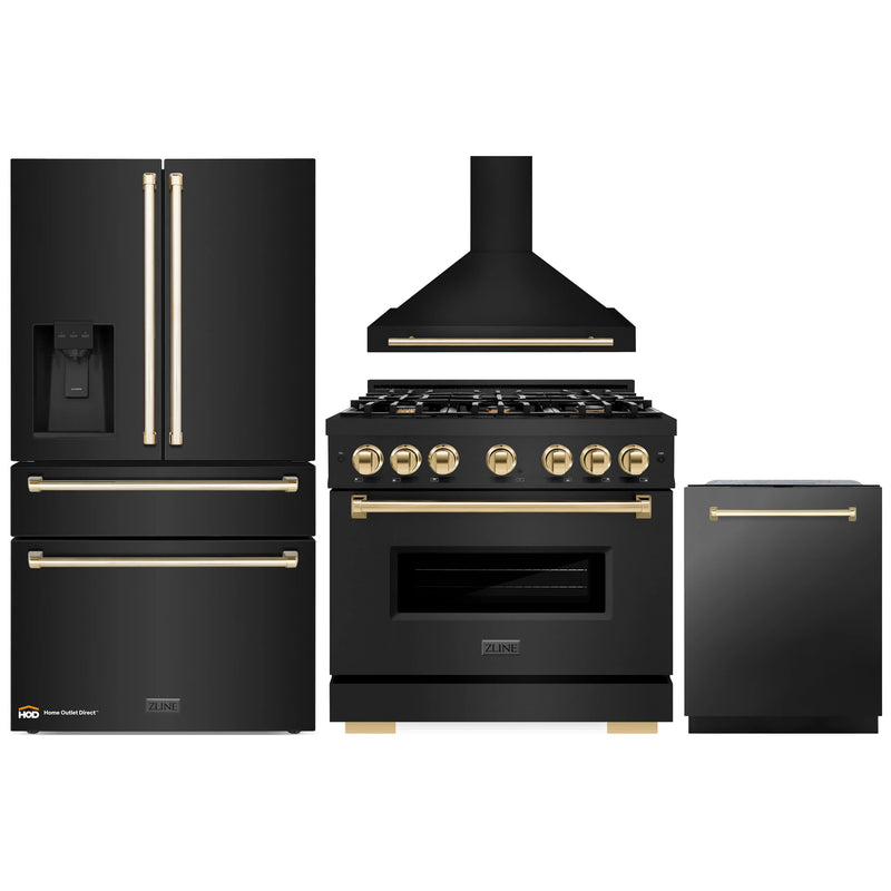 ZLINE 4-Piece Appliance Package - 36-Inch Dual Fuel Range, Hood, Refrigerator with Water Dispenser, and Dishwasher in Black Stainless Steel with Gold Accents