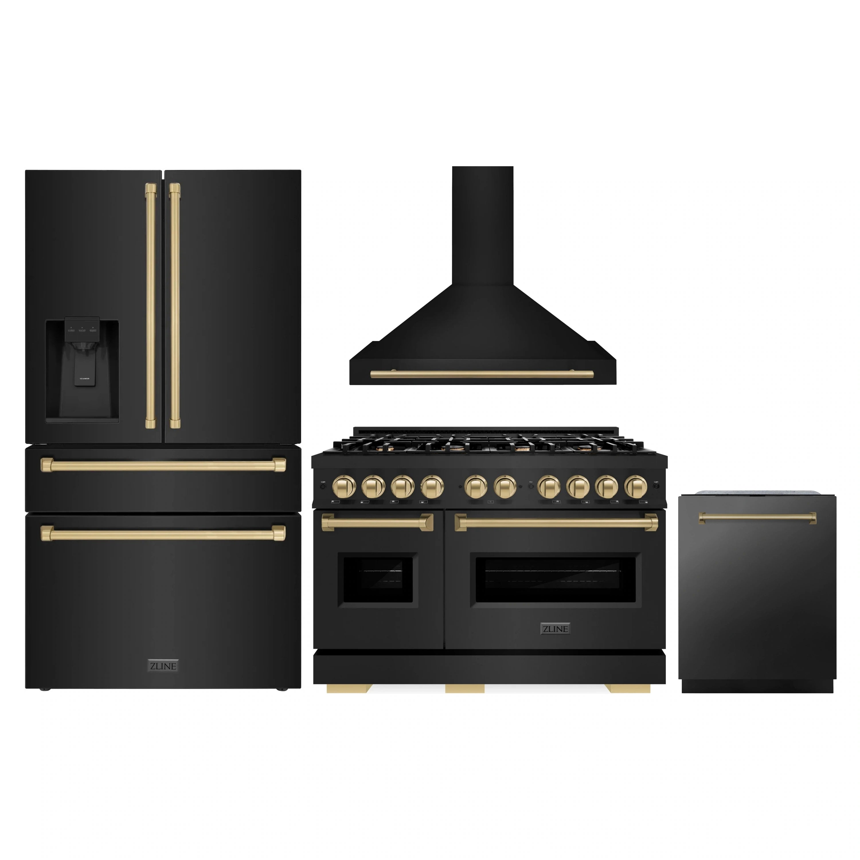 Black stainless appliance bundle: range, hood, refrigerator, and dishwasher with gold trim