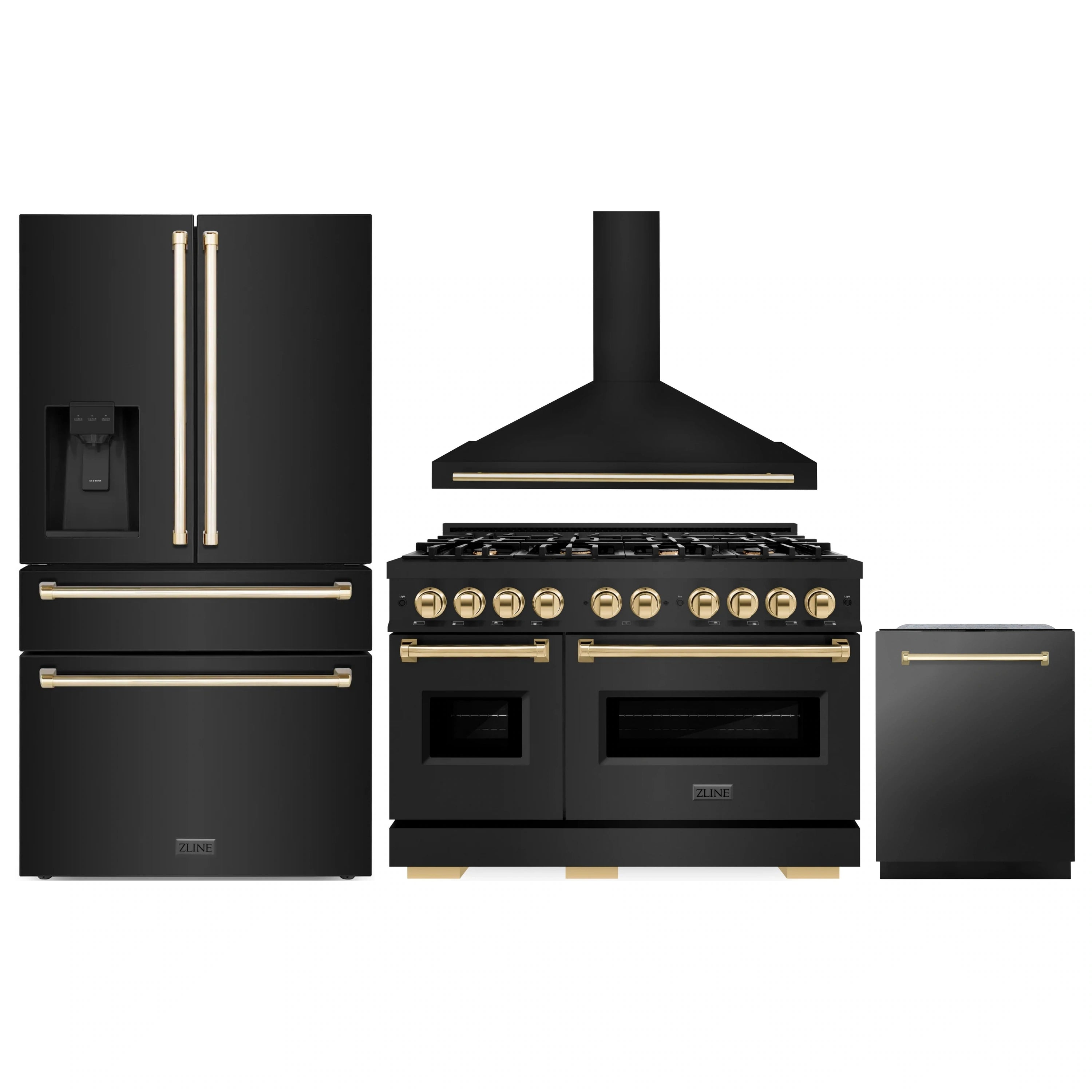 4-piece ZLINE appliance set with black range, gold accents, hood, refrigerator, dishwasher